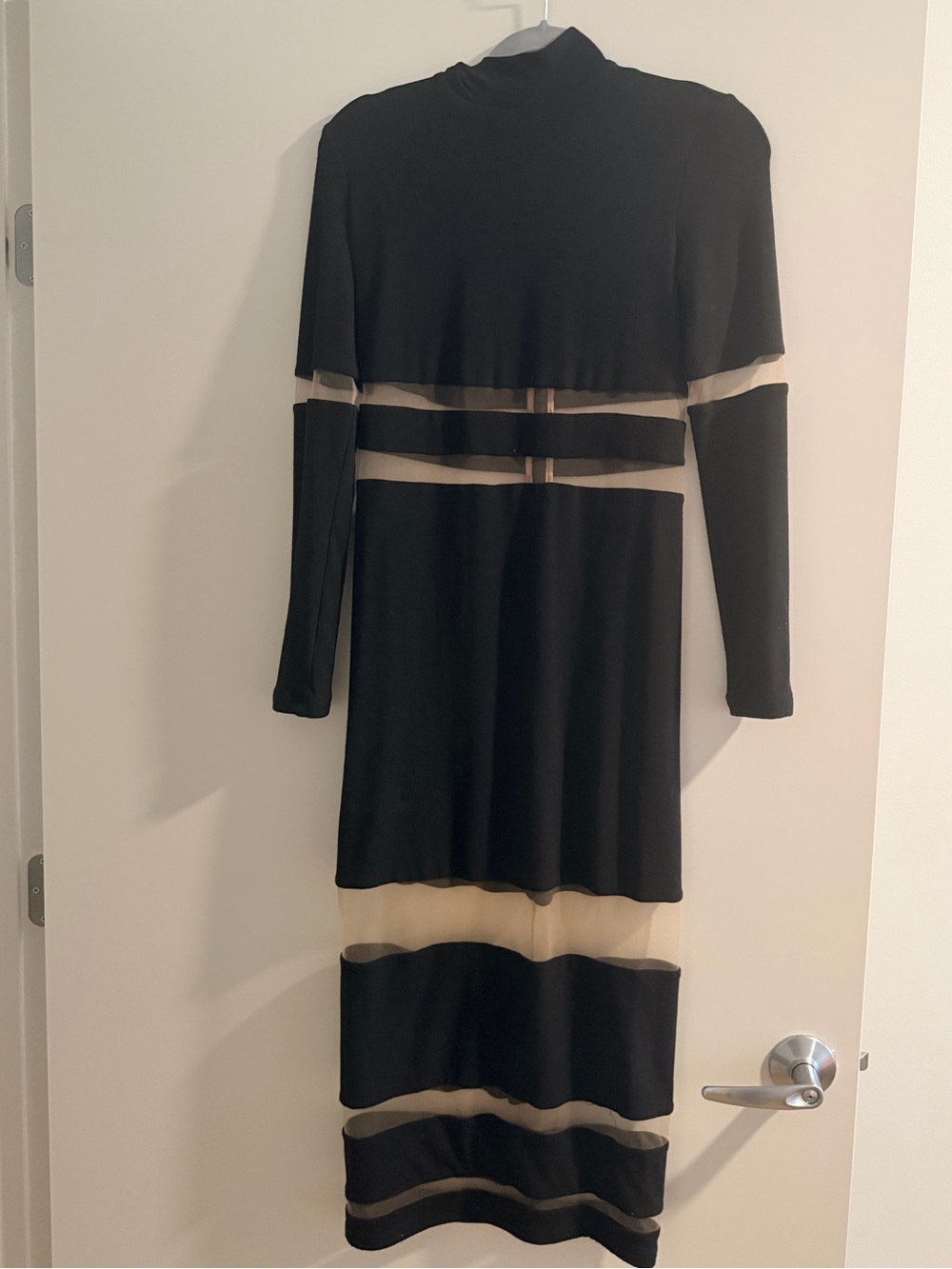 JLUXLABEL Black Midi Dress with Nude Sheer Stripes